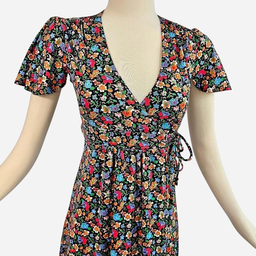 Vintage Rainbow Floral Wrap Dress w/ Tie Waist Fluttery Sleeve Black Gown V-neck - Picture 4 of 8